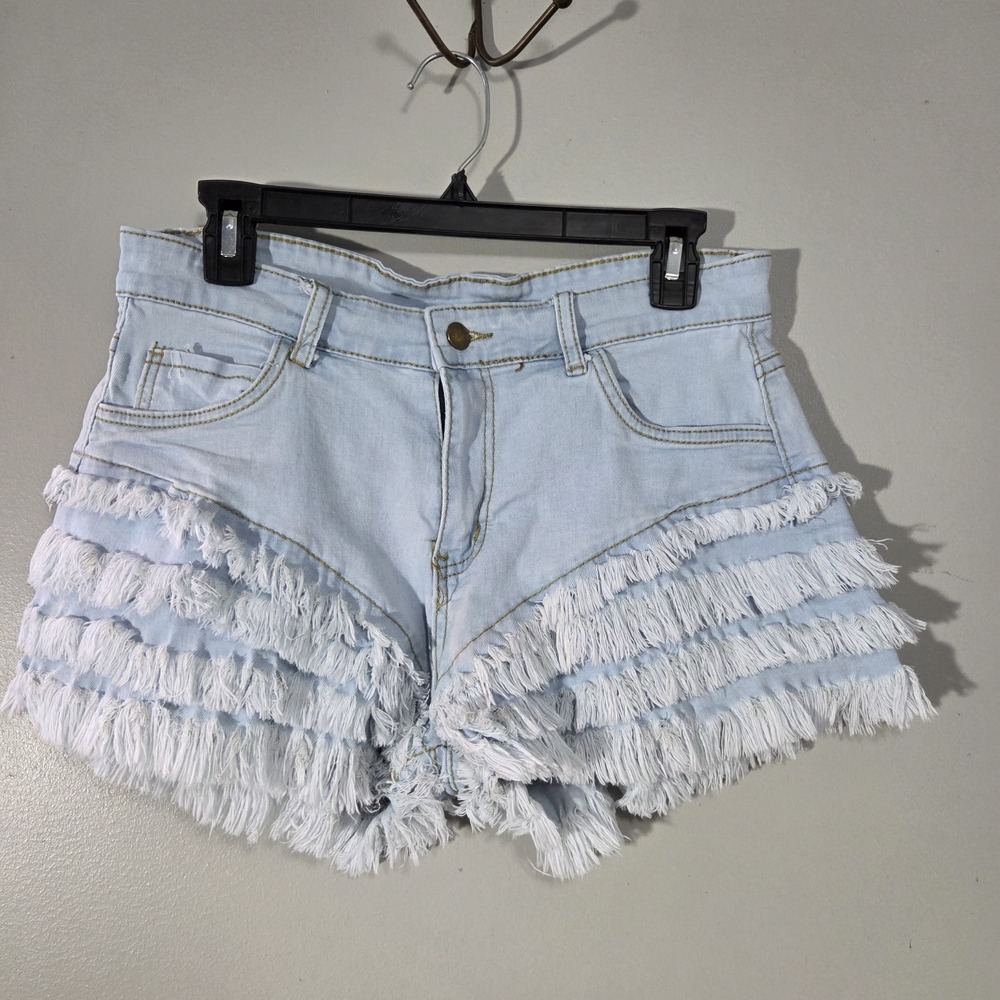 Women's XL Fringe Shorts Daisy‎ Dukes Light Wash Cut Off Stretch